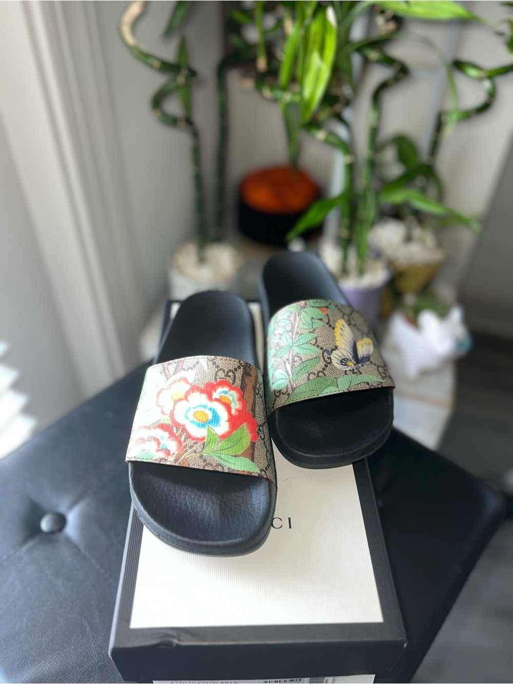 Gucci Multicolor Floral & Butterfly Black Slide Sandals